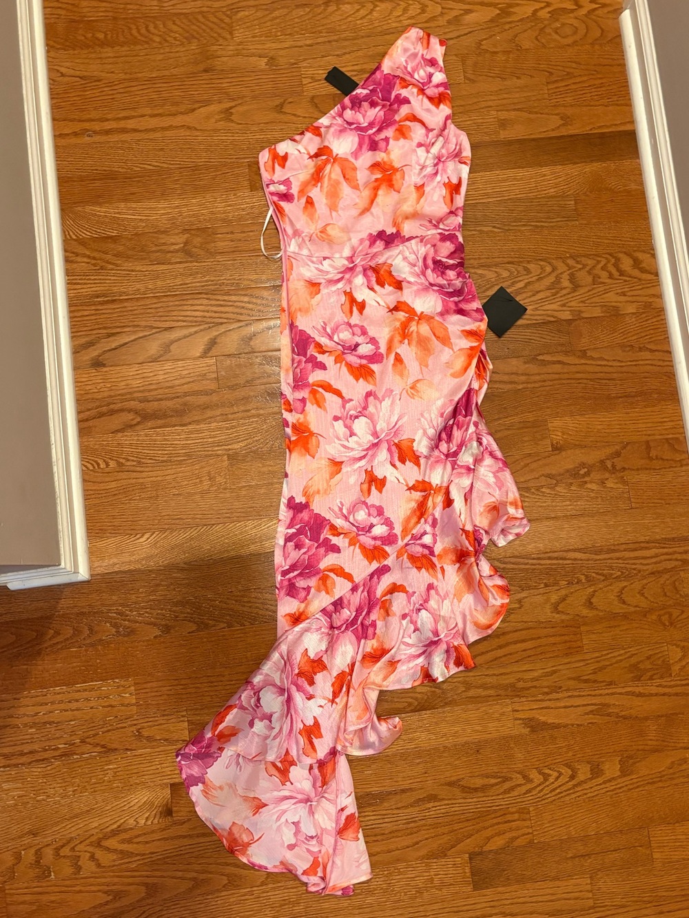 Lulu's Pink & Orange Floral One-Shoulder Ruffle Dress